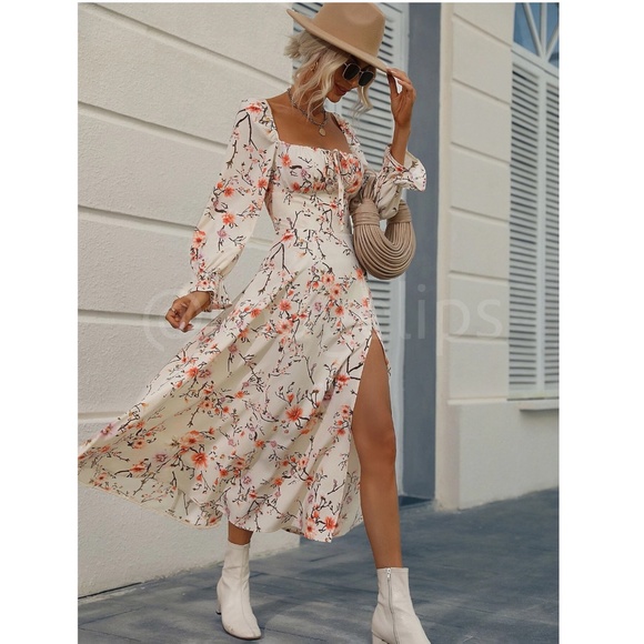 Floral Dress Square Neck Fit & Flare Maxi Long Sleeve Leg Slit Front Ties Beige - Picture 3 of 10